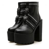 Black Buckle Zipper Chunky Platforms Sole High Heels Ankle Boots