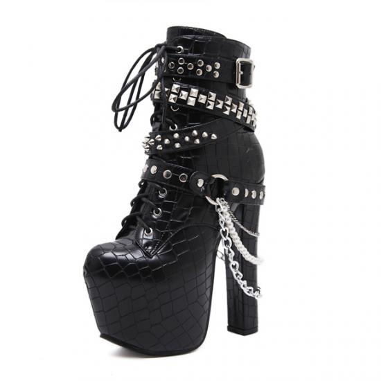Black Croc Metal Chain Studs Gothic Platforms Super High Heels Boots Super High Heels Zvoof