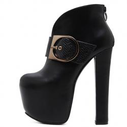 Black Giant Buckle Chunky Platforms Super High Heels Ankle Boots