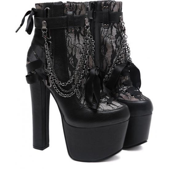 Black Lace Gothic Lolita Chunky Platforms Super High Heels Boots Super High Heels Zvoof