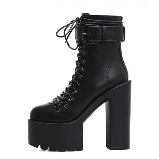 Black Round Lace Up Chunky Platforms Sole High Heels Ankle Boots Super High Heels Zvoof
