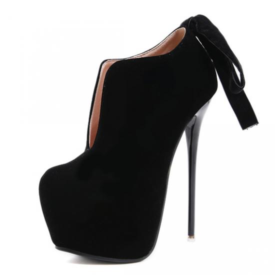 Black Suede Back Bow Platforms Super High Stiletto Heels Ankle Shoes Super High Heels Zvoof