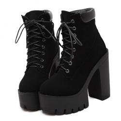 Black Suede Lace Up Chunky Platforms Sole High Heels Ankle Boots