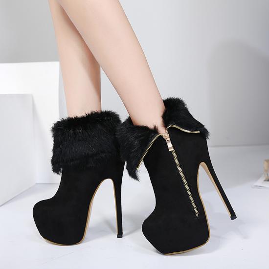 Black Suede Wool Flap Platforms Super High Stiletto Heels Ankle Boots Super High Heels Zvoof