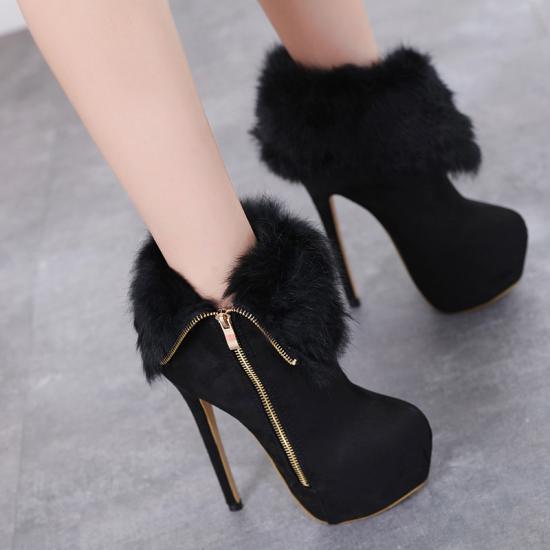 Black Suede Wool Flap Platforms Super High Stiletto Heels Ankle Boots Super High Heels Zvoof