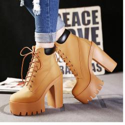 Khaki Brown Lace Up Chunky Platforms Sole High Heels Ankle Boots
