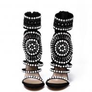 Black Beads Ankle Cuff Tribal High Stiletto Heels Sandals Shoes	