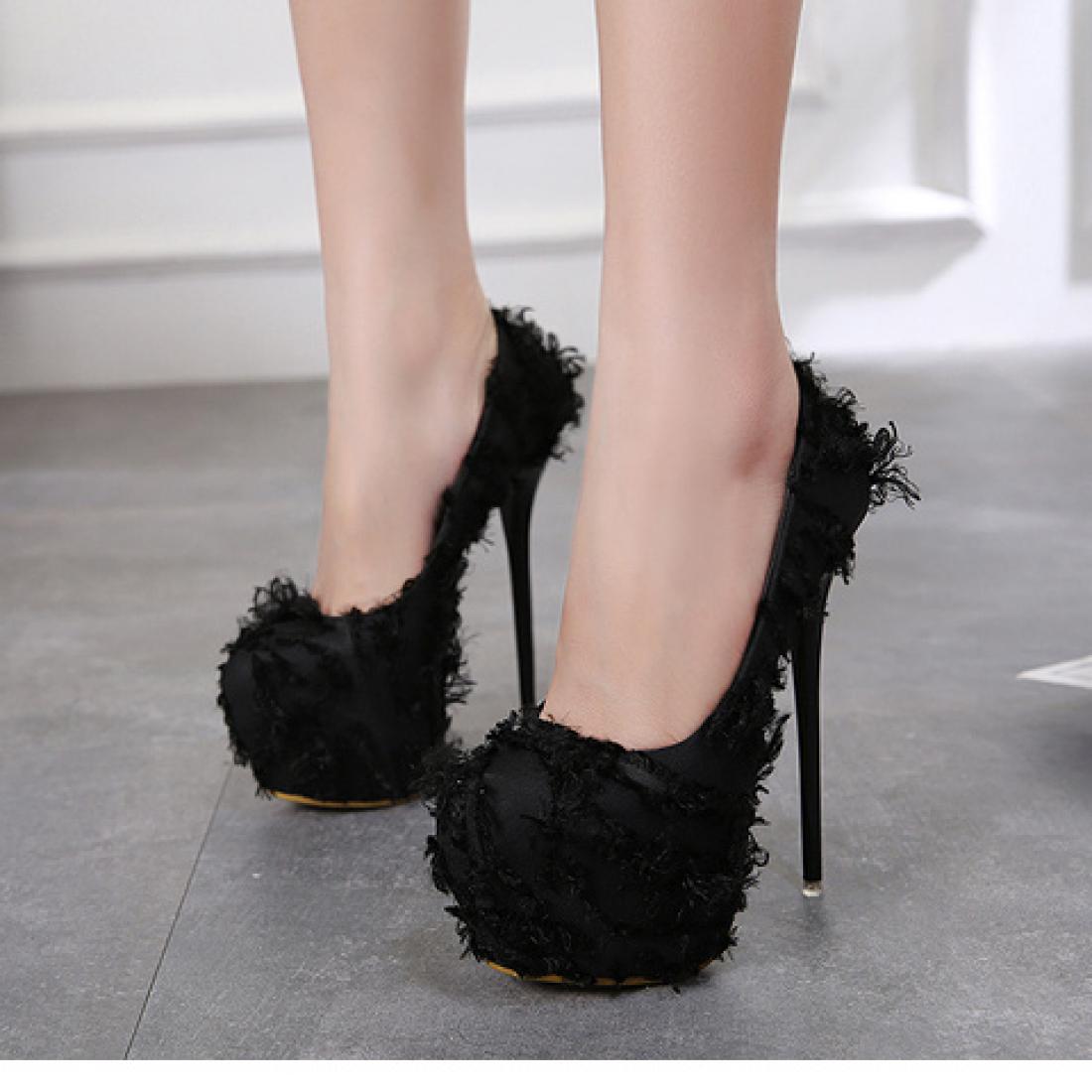 Black Flurry Sexy Platforms Super High Stiletto Heels Shoes 5340