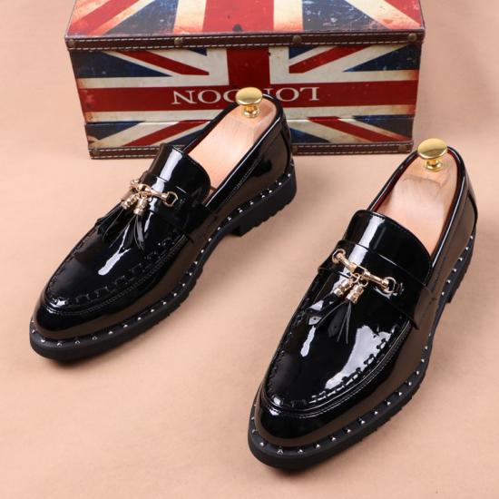 Black Patent Mens Tassels Cleated Sole Slip On Loafers Shoes Loafers Zvoof