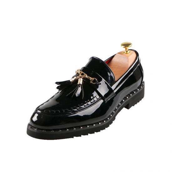 Black Patent Mens Tassels Cleated Sole Slip On Loafers Shoes Loafers Zvoof