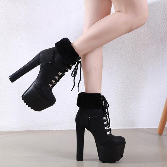 Black Suede Woolen Ankle Trim Platforms Super High Heels Boots Super High Heels Zvoof