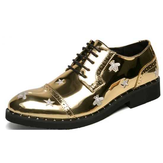 Gold Metallic Bees Embroidery Mens Lace Up Oxfords Dress Shoes Oxfords Zvoof