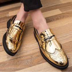 Gold Metallic Dapper Mens Wing Tip Baroque Loafers Dress Shoes