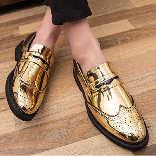 Gold Metallic Dapper Mens Wing Tip Baroque Loafers Dress Shoes Loafers Zvoof