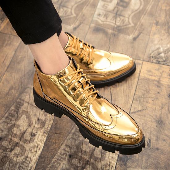 Gold Metallic Mens Lace UP Cleated Sole Ankle Boots Shoes
