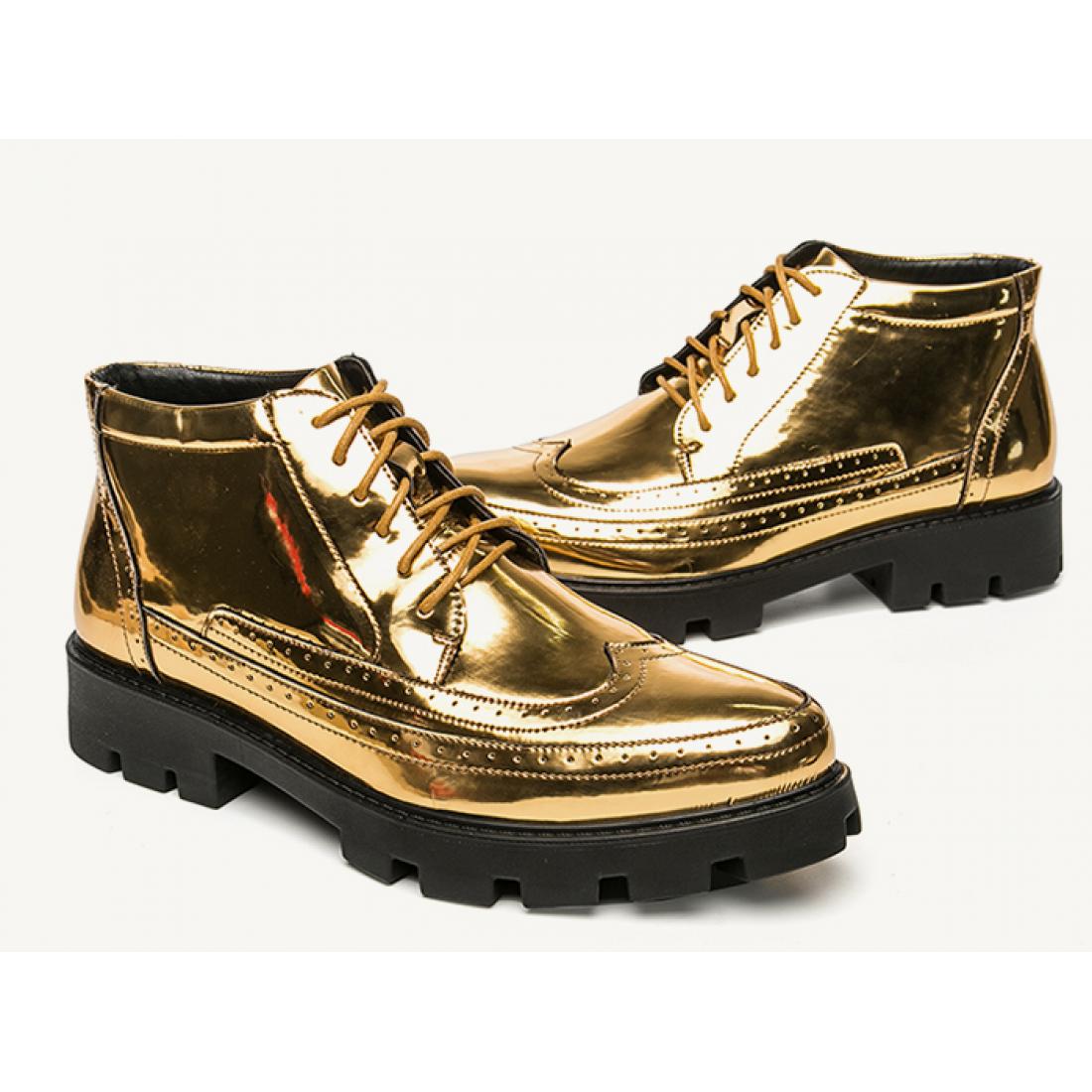 Gold Metallic Mens Lace UP Cleated Sole Ankle Boots Shoes 