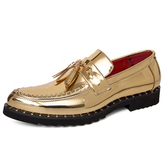 Gold Metallic Mens Tassels Cleated Sole Slip On Loafers Shoes Loafers Zvoof