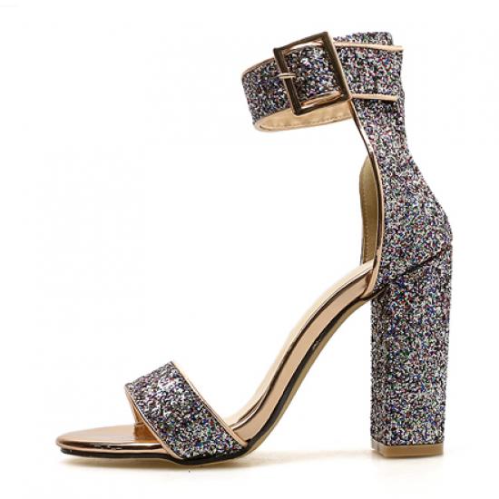Grey Glitters Bling Straps Bridal Evening High Block Heels Sandals Shoes Sandals Zvoof