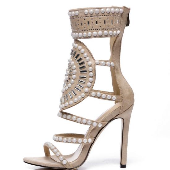 Khaki Beads Ankle Cuff Tribal High Stiletto Heels Sandals Shoes Sandals Zvoof