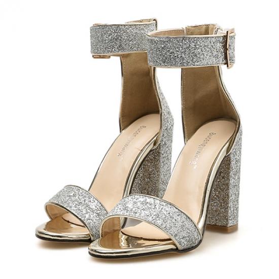 Silver Bling Straps Bridal Evening High Block Heels Sandals Shoes Sandals Zvoof