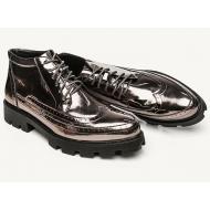Silver Metallic Mens Lace Up Cleated Sole Ankle Boots Shoes