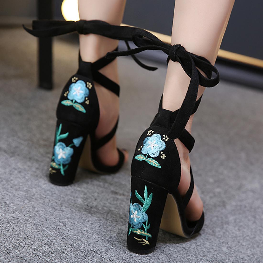 Black Blue Embroidered Roses Strappy High Block Heels Sandals ...