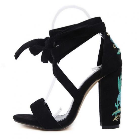 New Ladies Women Rose Embroidery High Block Heels Sandals Ankle Strap Shoes Size