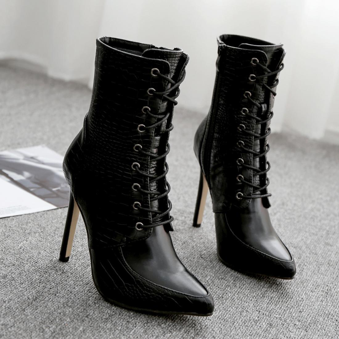 Black Croc Lace Up Punk Rock Gothic Ankle Stiletto High Heels ...