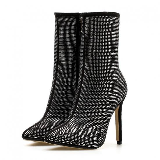 Black Diamante Bling Bling Pointed Head Stiletto Heels Boots ...