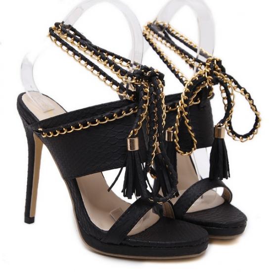 Black Gold Chain Straps High Stiletto Heels Gown Evening Party Sandals Sandals Zvoof