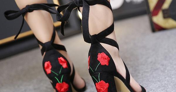 Black Red Embroidered Roses Strappy High Block Heels Sandals