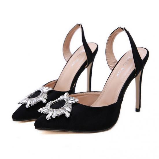 Black Satin Crystals Pointed Head High Stiletto Heels Slingback Sandals Shoes Sandals Zvoof