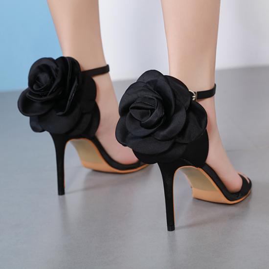 Black Satin Giant Rose Party High Stiletto Heels Sandals Shoes Sandals Zvoof