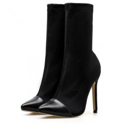 Black Stretchy Punk Rock Pointed Head Stiletto Heels Boots Shoes