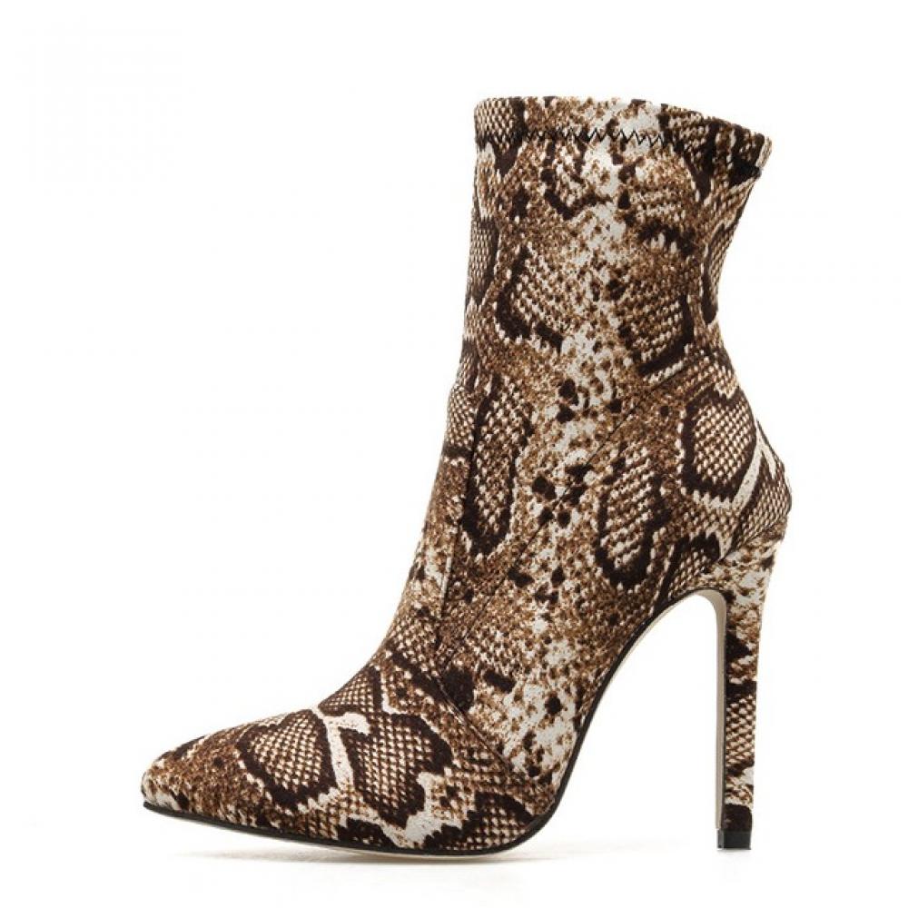 Brown Snake Print Stretchy Ankle Stiletto High Heels Boot ...