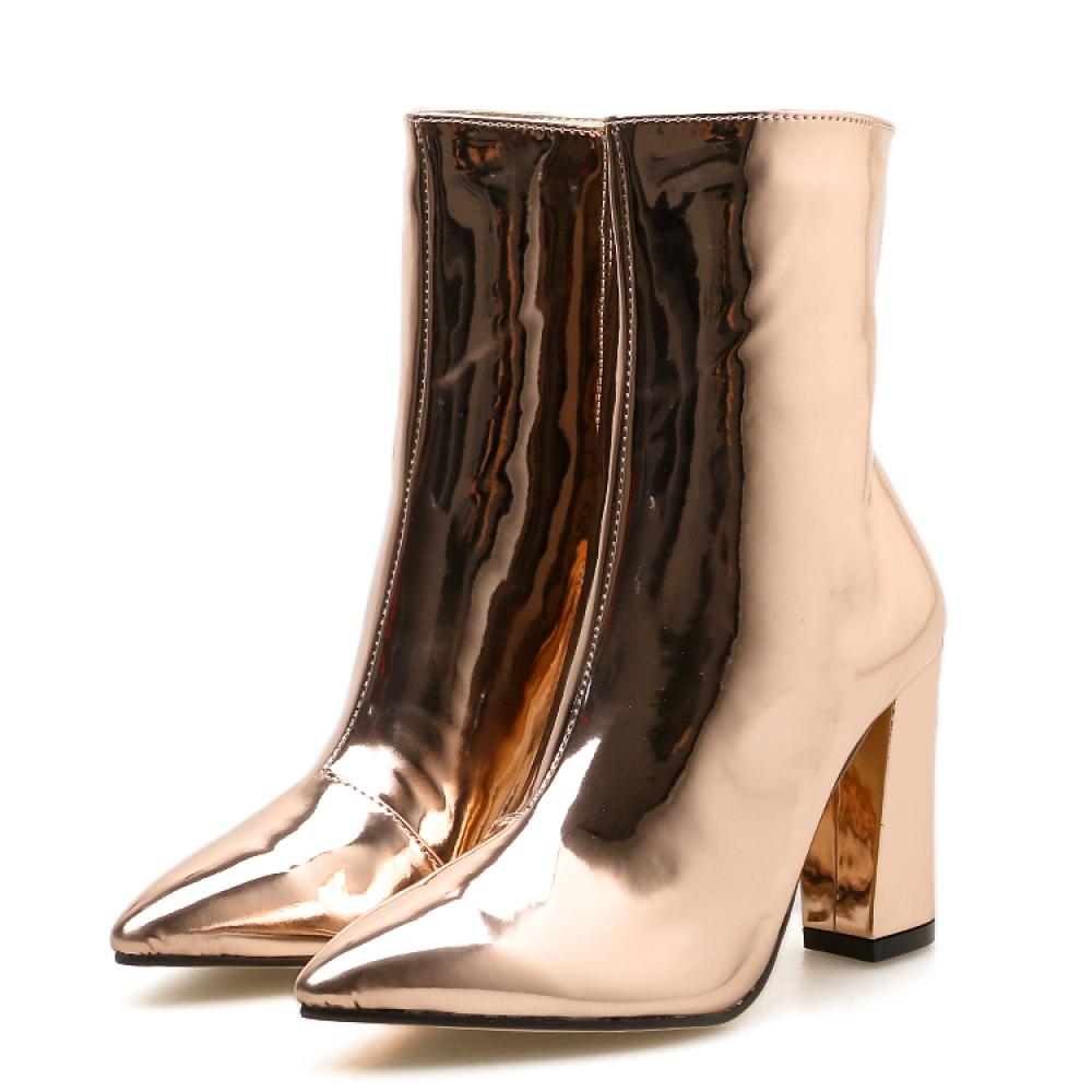 Gold Metallic Mirror Pointed Head Ankle High Heels Boots ...