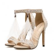 Khaki White Beads Tassels Fringes High Stiletto Heels Bridal Party Sandals