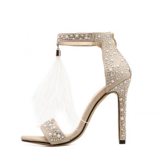 Khaki White Beads Tassels Fringes High Stiletto Heels Bridal Party Sandals Sandals Zvoof