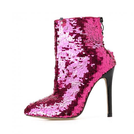 Pink Fushia Sequins Bling Stage Party Ankle Stiletto High Heels Boots High Heels Zvoof