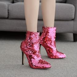 Pink Fushia Sequins Bling Stage Party Ankle Stiletto High Heels Boots