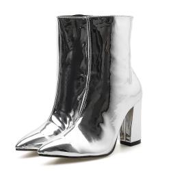 Silver Metallic Mirror Pointed Head Ankle High Heels Boots