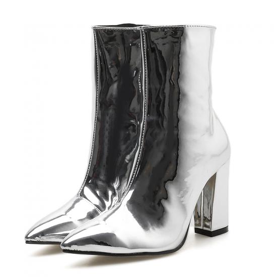 Silver Metallic Mirror Pointed Head Ankle High Heels Boots High Heels Zvoof