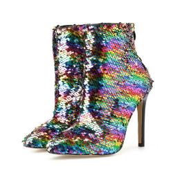 Silver Rainbow Sequins Bling Stage Party Ankle Stiletto High Heels Boots