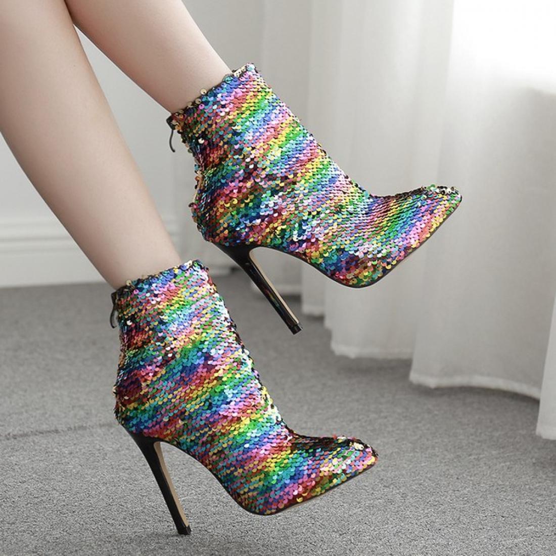 Silver Rainbow Sequins Bling Stage Party Ankle Stiletto High ...