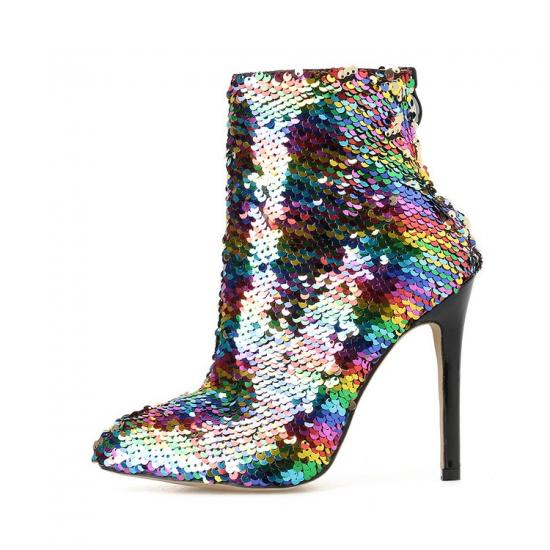 Silver Rainbow Sequins Bling Stage Party Ankle Stiletto High Heels Boots High Heels Zvoof