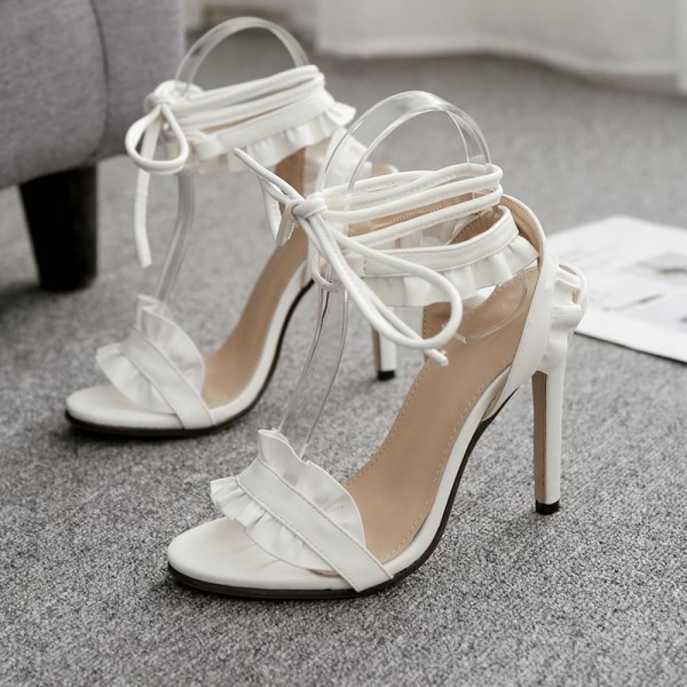 White Flounce Ruffles Strappy Bridal High Stiletto Heels ...