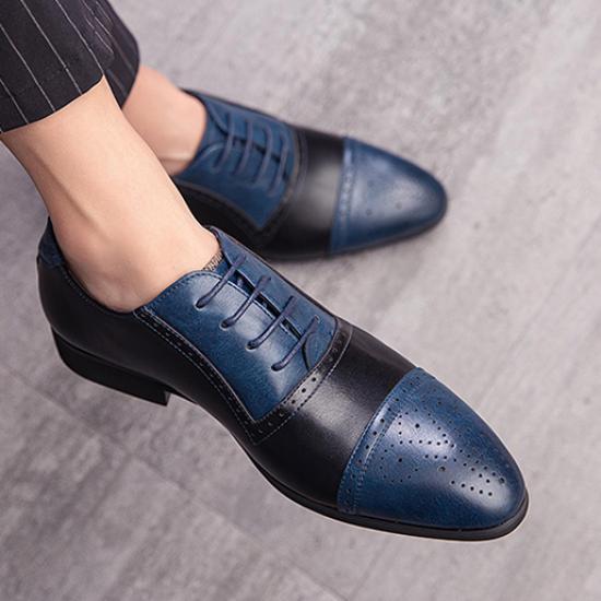 Blue Black Lace Up Pointed Head Mens Oxfords Dress Shoes ...
