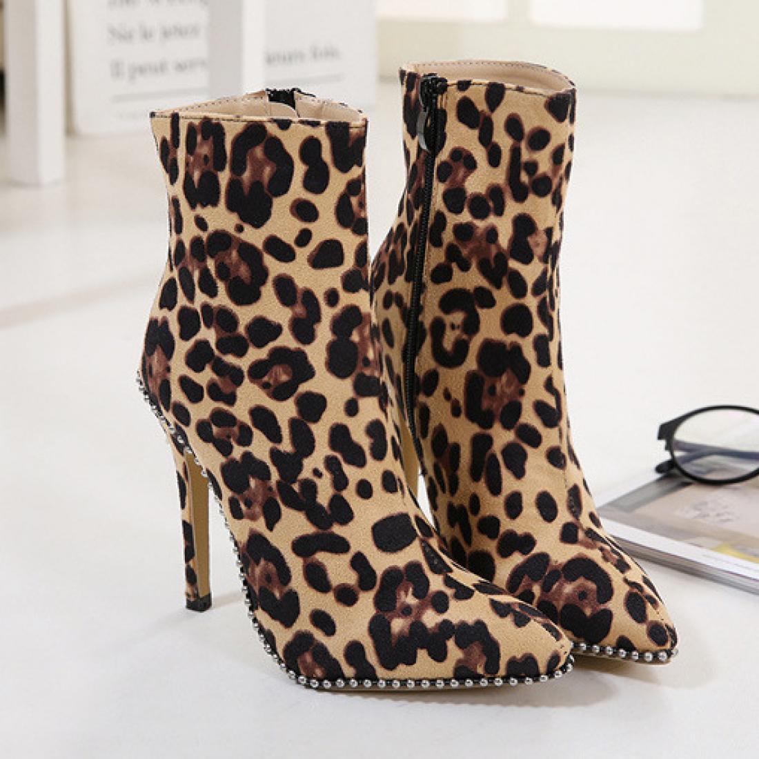 Brown Leopard Print Stretchy Ankle Stiletto High Heels Boots ...