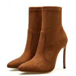 Brown Suede Pointed Head Ankle Stiletto High Heels Boot