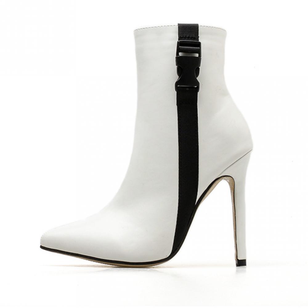 White Black Buckle Pointed Head Ankle Stiletto High Heels ...